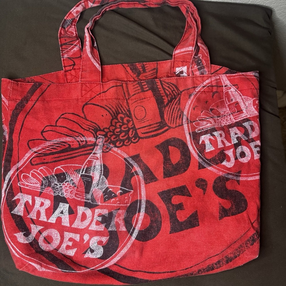 Rare Vintage Trader Joe's Red Canvas Tote Bag Grocery Beach Market Bag Reusables